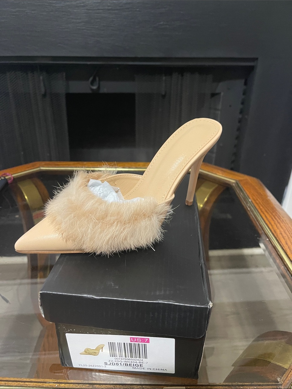 Beige Faux-Fur Pointed Toe Mule Heel - Women's Shoes